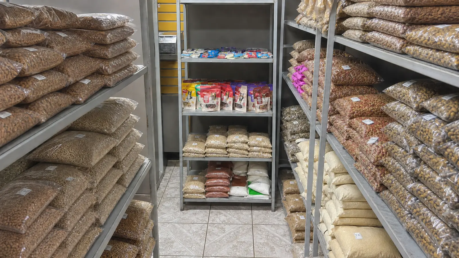 Estantes con presentaciones a granel de alimento para perros y gatos