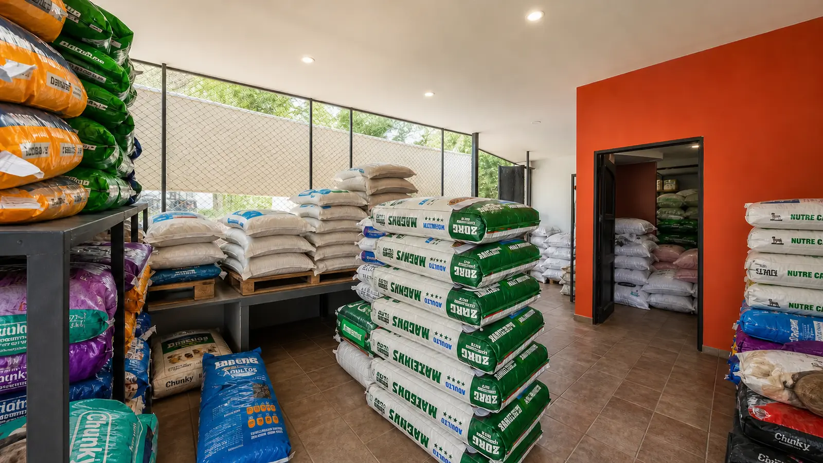 Área del local con sacos de alimento concentrado para animales de granja